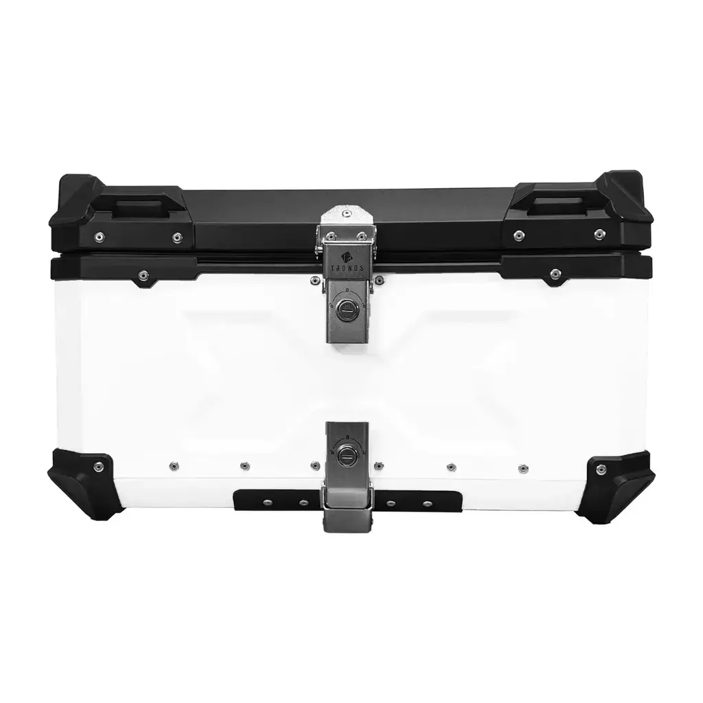 Baú Moto Traseiro 60L-T-X Alumínio Tampa Preta e Baú Branco Tronos Box