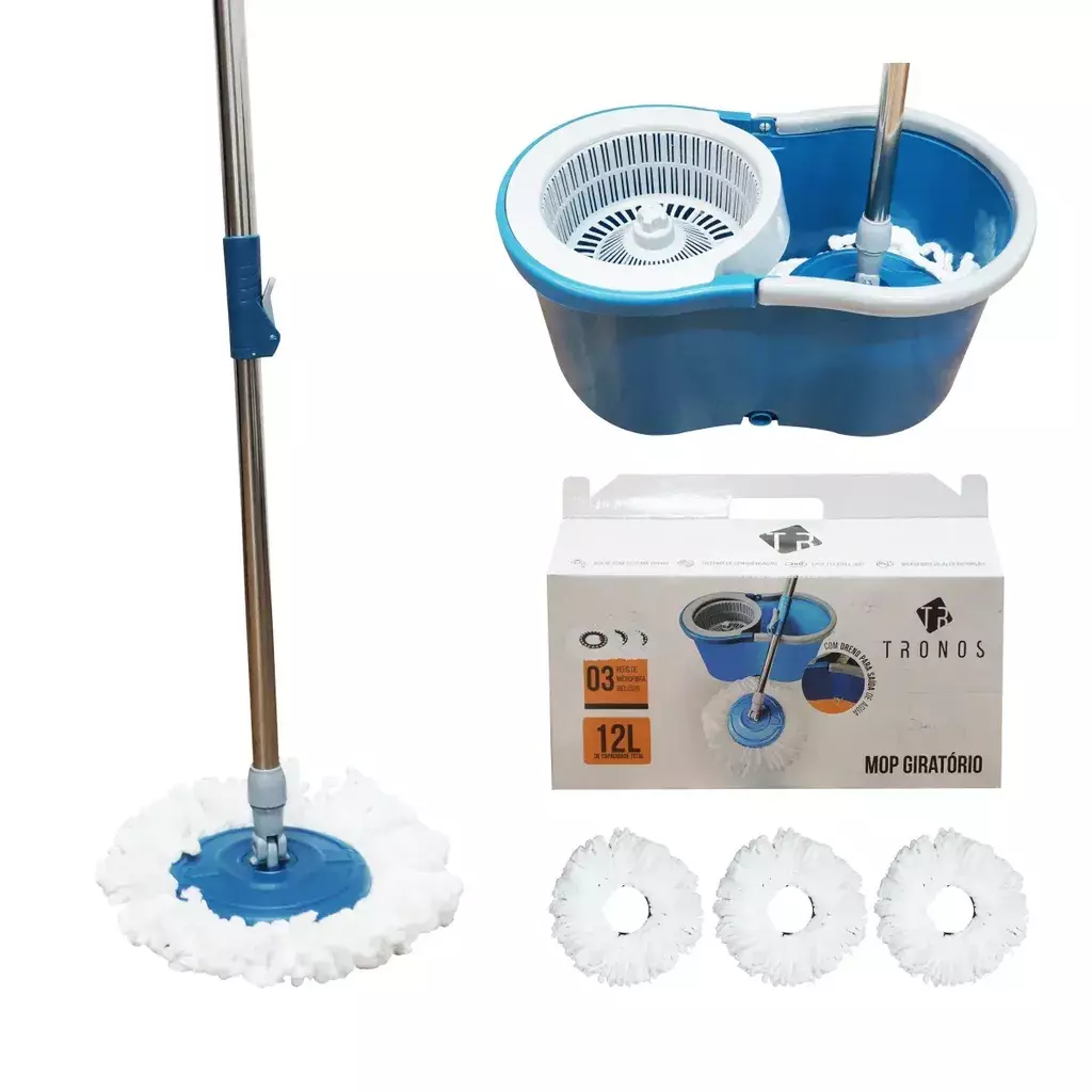 Esfregão Mop Giratório 360° Tronos Balde 12L com 3 Refis Box